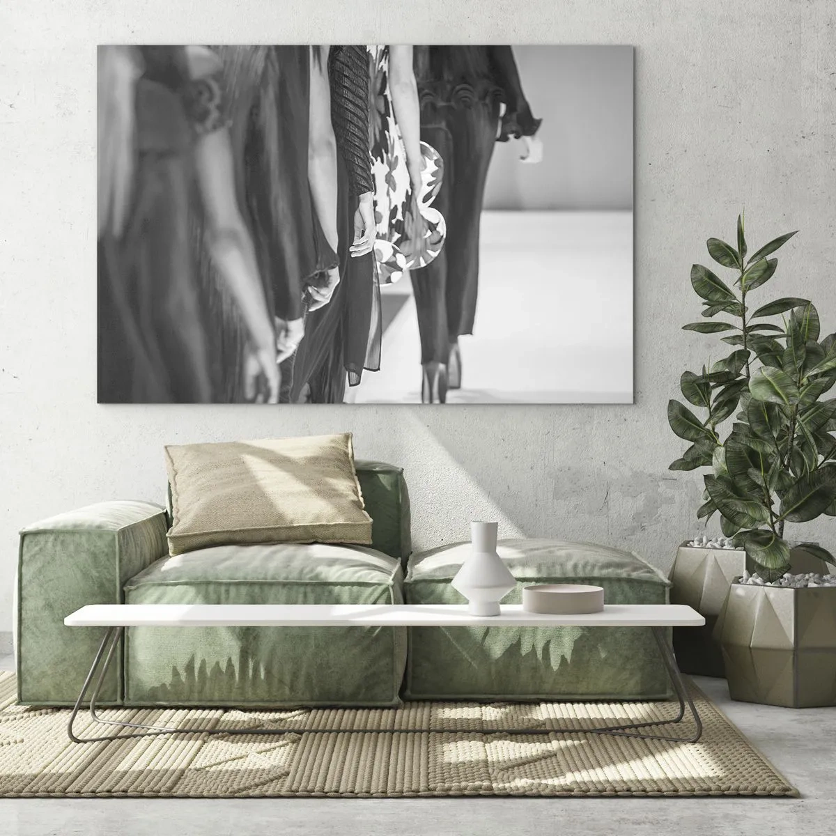 Impression sur verre - Image sur verre - Une scène en noir et blanc d'un défilé de mode avec des mannequins sur le podium. - 70x50cm - Un défilé stylé - Décoration murale moderne pour le salon et la chambre ARTTOR