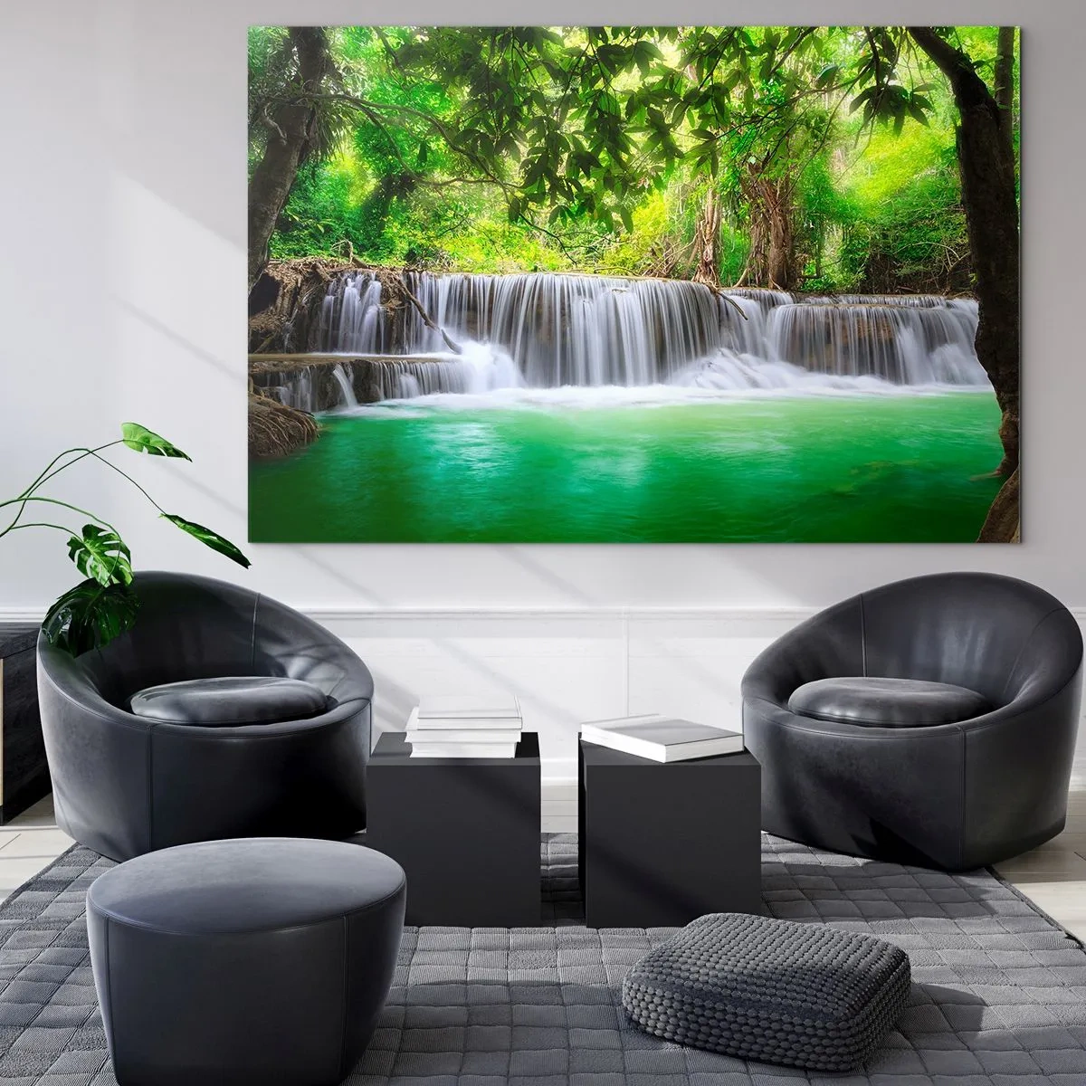 Impression sur verre - Image sur verre - Une cascade dans une forêt tropicale avec une eau cristalline - 70x50cm - Une cascade de vert - Décoration murale moderne pour le salon et la chambre ARTTOR