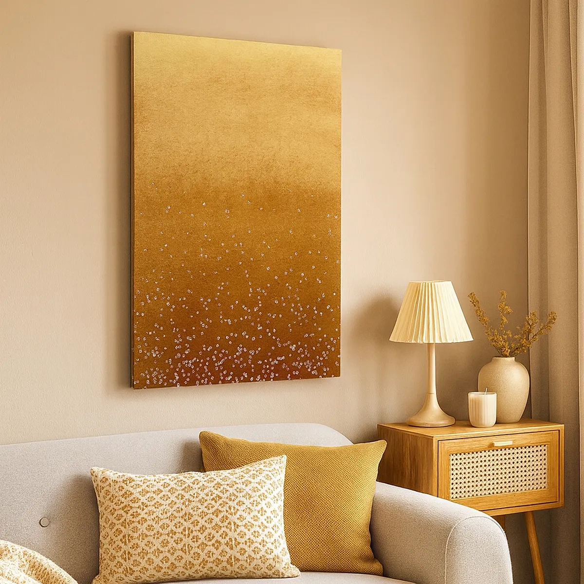 Impression sur toile - Image sur toile - Un dégradé doré avec des reflets et des embellissements subtils - 50x70cm - Origine du monde - Décoration murale moderne pour le salon et la chambre ARTTOR