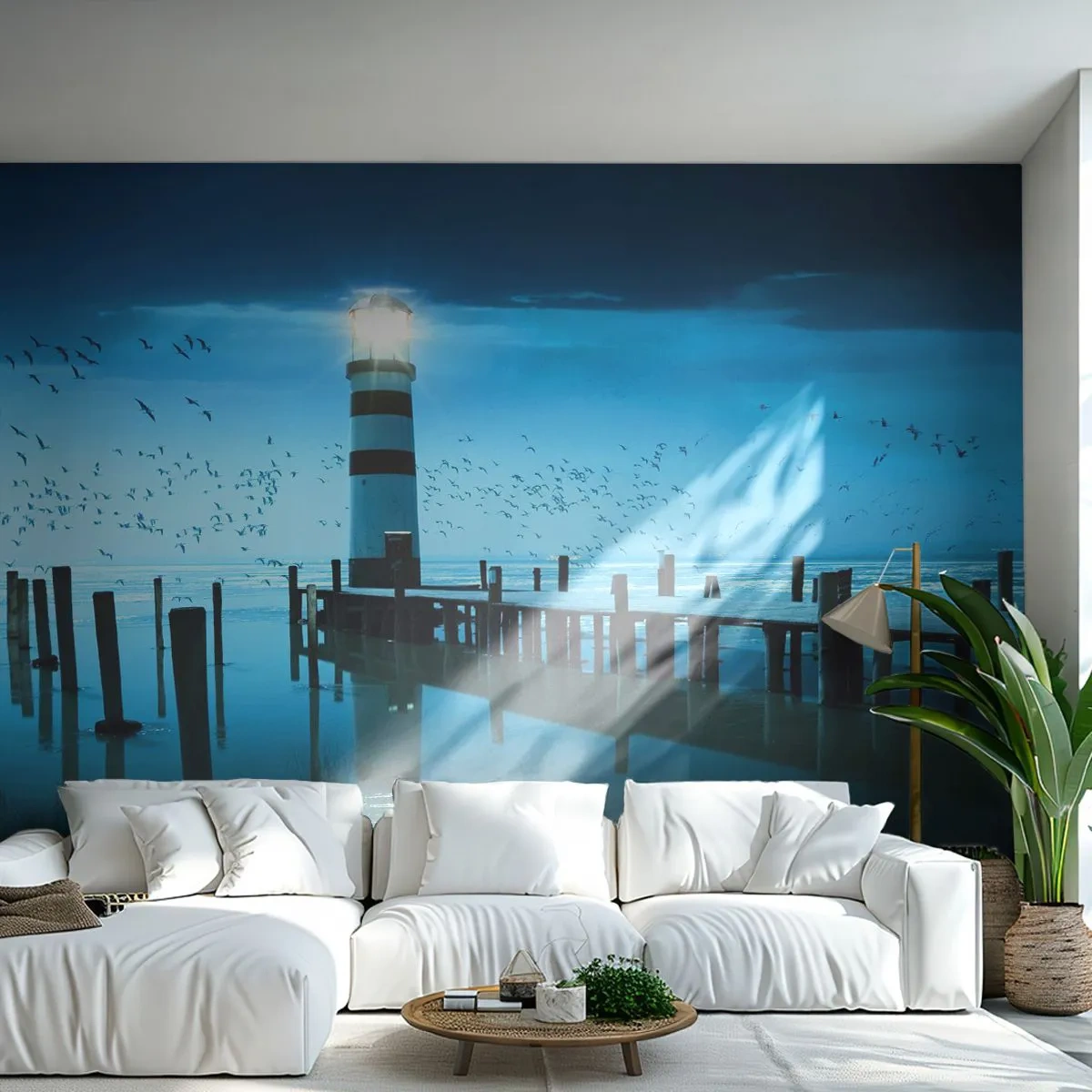 Papier Peint Photo Standard Eco - Et tu n'as pas peur du noir - Paysage, Phare, Pont de bois - 400x280 cm