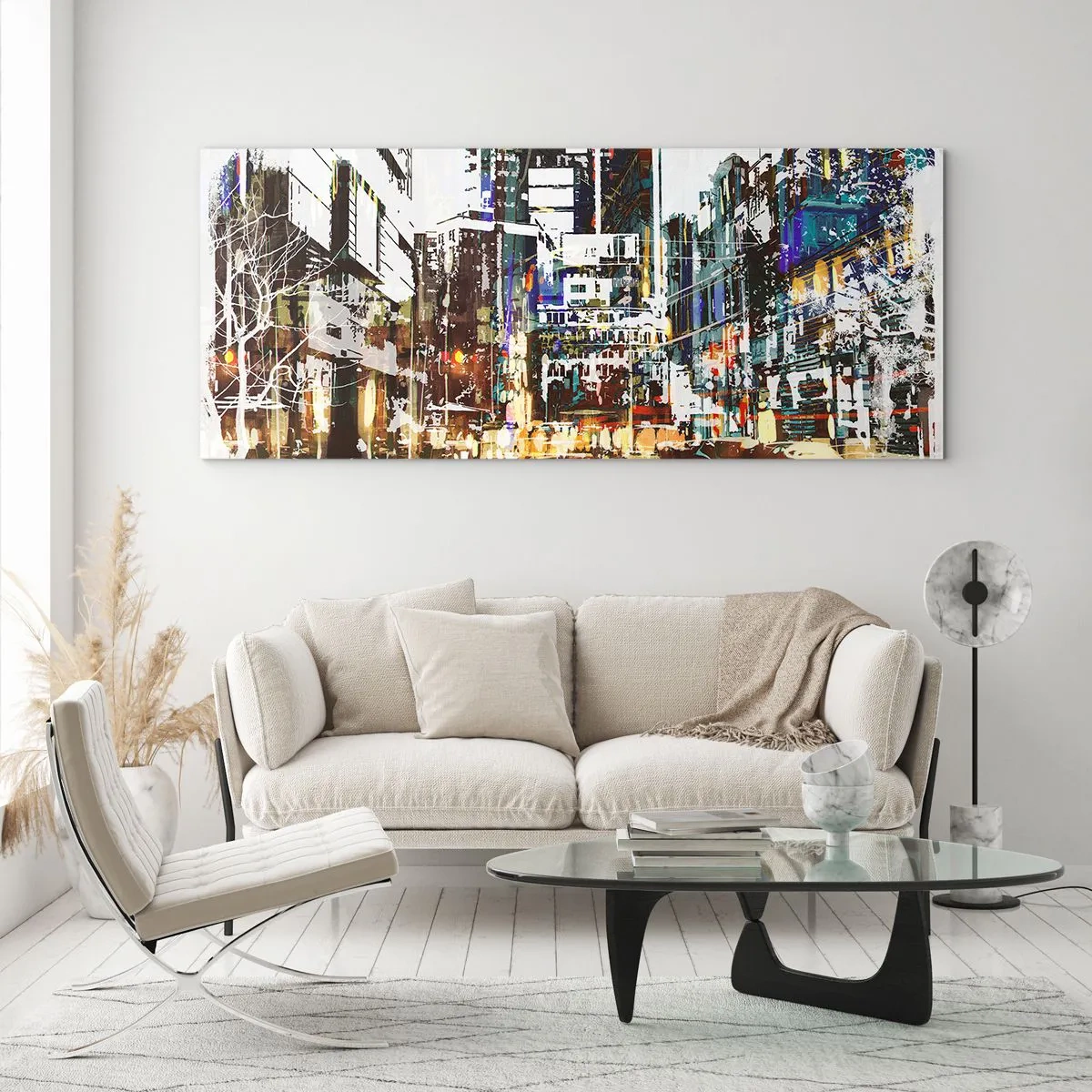 Impression sur verre - Image sur verre - Un paysage urbain moderne dans un style artistique - 140x50cm - Une ville chatoyante - Décoration murale moderne pour le salon et la chambre ARTTOR