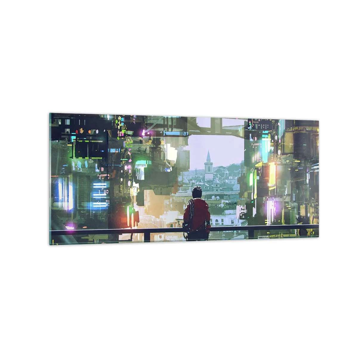 Impression sur verre - Image sur verre - Une silhouette dans une ville futuriste avec des néons - 120x50cm - Deux mondes - Décoration murale moderne pour le salon et la chambre ARTTOR