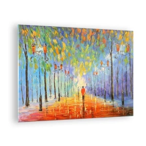 Impression sur verre - Image sur verre - Un parc coloré avec une allée et des lanternes dans un style pictural - 70x50cm - Chant nocturne de la pluie - Décoration murale moderne pour le salon et la chambre ARTTOR