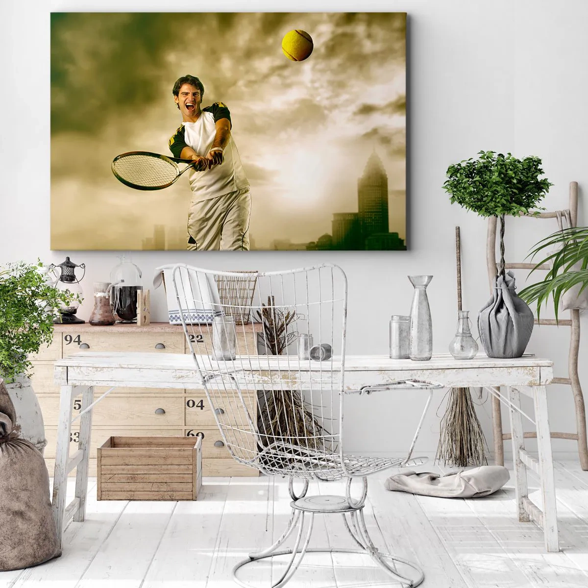 Impression sur toile - Image sur toile - Joueur de tennis en action lors d'un match avec en toile de fond un paysage urbain - 70x50cm - Énergie et joie - Décoration murale moderne pour le salon et la chambre ARTTOR
