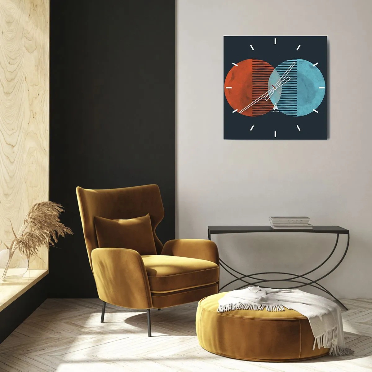 Horloge murale - Pendule murale - Deux cercles orange et bleus sur fond sombre - 30x30cm - Fantaisie astronomique - Décoration murale moderne pour le salon et la chambre ARTTOR