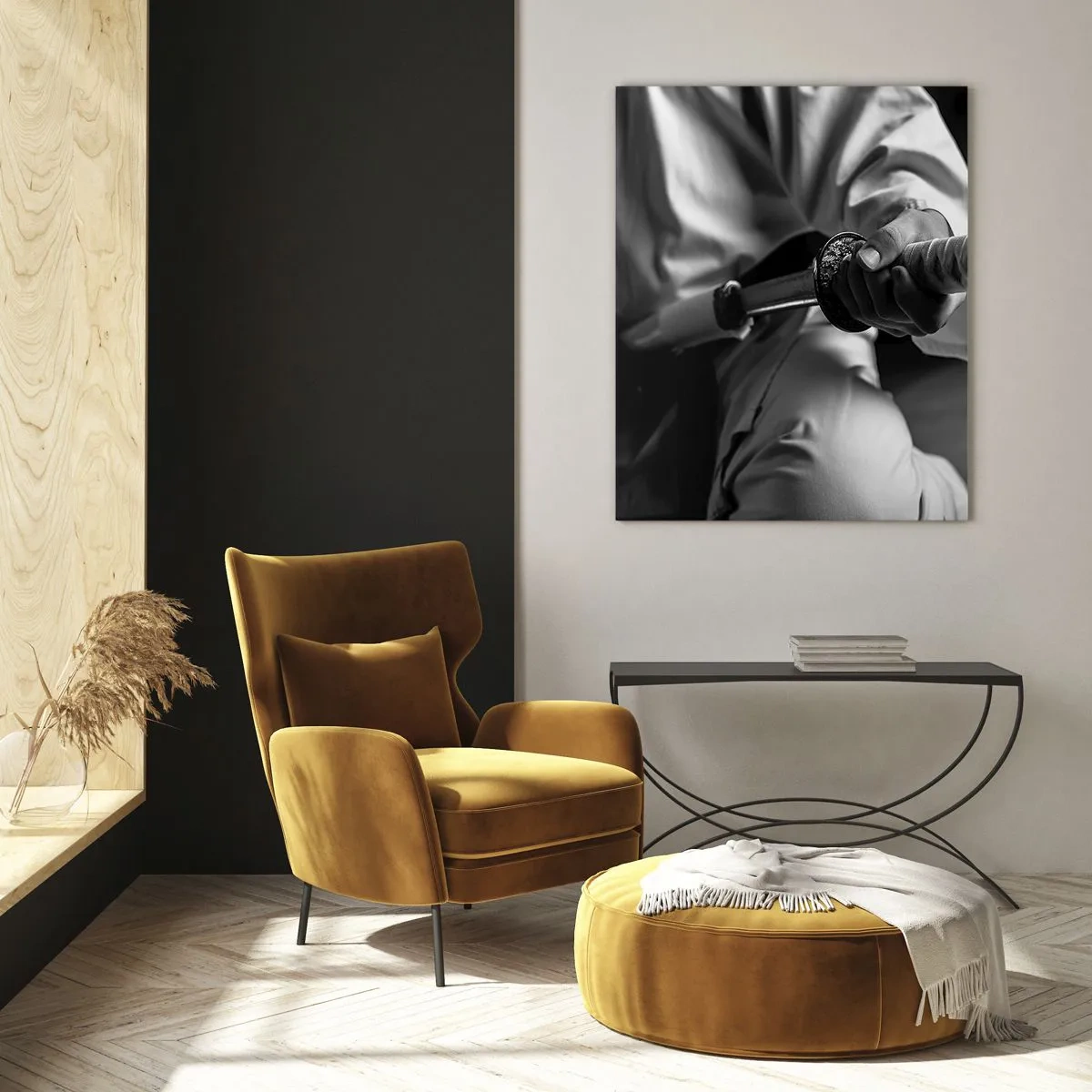 Impression sur verre - Image sur verre - Un samouraï en kimono tenant un katana en noir et blanc. - 80x120cm - Âme de guerrier - Décoration murale moderne pour le salon et la chambre ARTTOR
