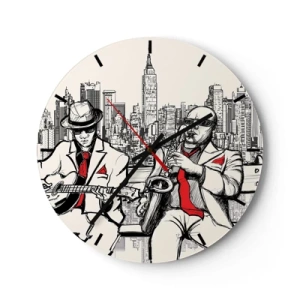 Horloge murale - Pendule murale - Un cadran d'horloge avec un motif de musiciens de jazz sur fond de New York - 30x30cm - improvisation new-yorkaise - Décoration murale moderne pour le salon, la cuisine et la chambre ARTTOR