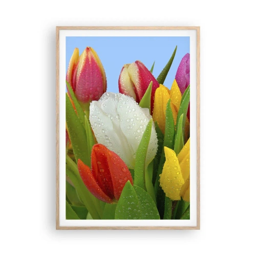 Affiche dans un chêne clair - Poster - Un arc-en-ciel fleuri en gouttes de rosée - 70x100 cm