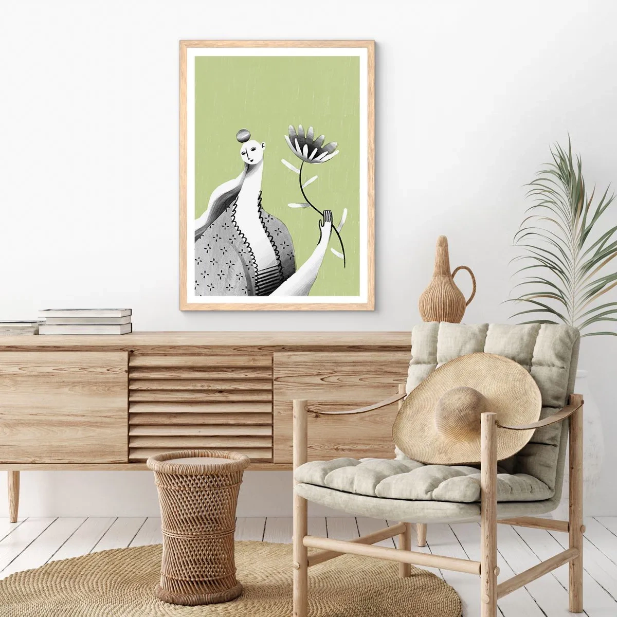 Affiche dans un chêne clair - Poster - Portrait moderniste – tenant une fleur - 30x40 cm