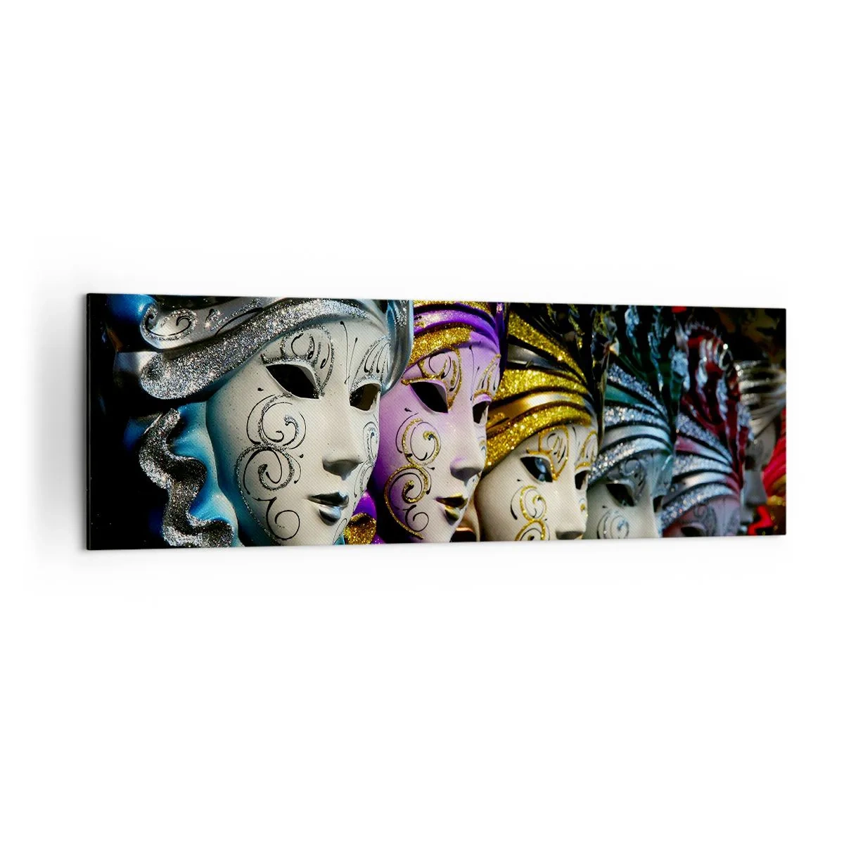 Impression sur toile - Image sur toile - Masques vénitiens de différentes couleurs avec des motifs décoratifs - 160x50cm - Mystère en or et argent - Décoration murale moderne pour le salon et la chambre ARTTOR