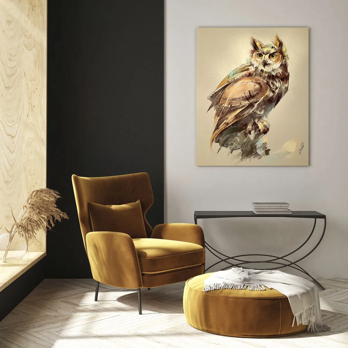 Impression sur verre - Image sur verre - Portrait artistique d'un hibou sur un fond clair dans des tons chauds. - 70x100cm - Le hibou le plus intelligent - confirmera la forêt de chênes - Décoration murale moderne pour le salon et la chambre ARTTOR
