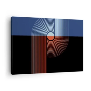Impression sur toile - Image sur toile - Abstraction géométrique avec des lignes bleu marine et orange. - 70x50cm - Dans une étreinte géométrique - Décoration murale moderne pour le salon et la chambre ARTTOR