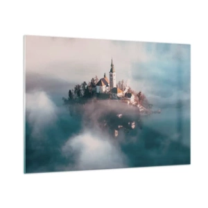 Impression sur verre - Image sur verre - Une île avec une église entourée de brouillard sur un lac calme - 100x70cm - Île de rêve - Décoration murale moderne pour le salon et la chambre ARTTOR