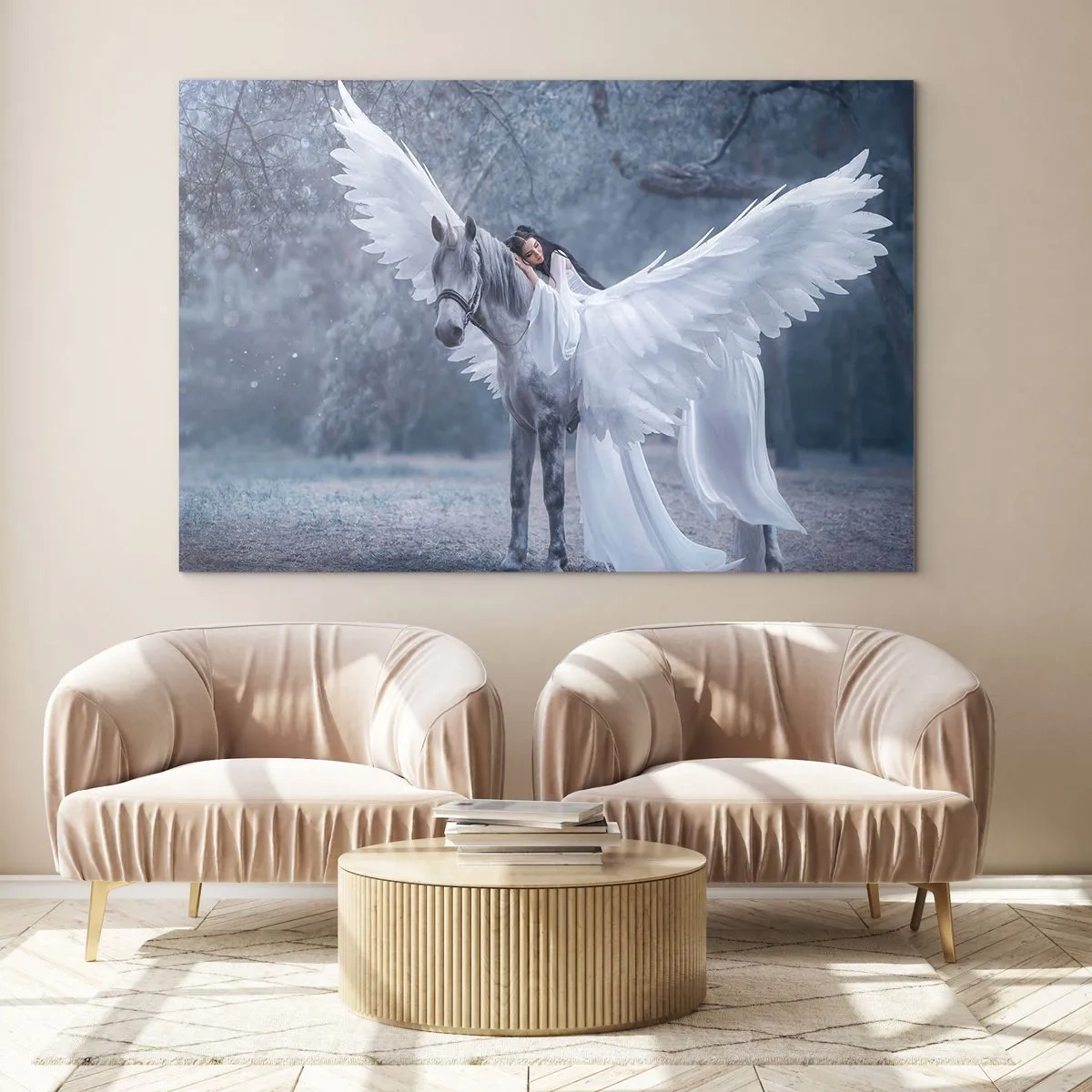 Impression sur verre - Image sur verre - Pégase aux ailes blanches et une femme en robe dans une forêt mystique - 70x50cm - Un moment inspiré - Décoration murale moderne pour le salon et la chambre ARTTOR