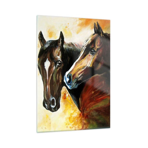 Impression sur verre - Image sur verre - Deux chevaux dans une composition artistique et dynamique - 50x70cm - Deux fois plus gracieux - Décoration murale moderne pour le salon et la chambre ARTTOR