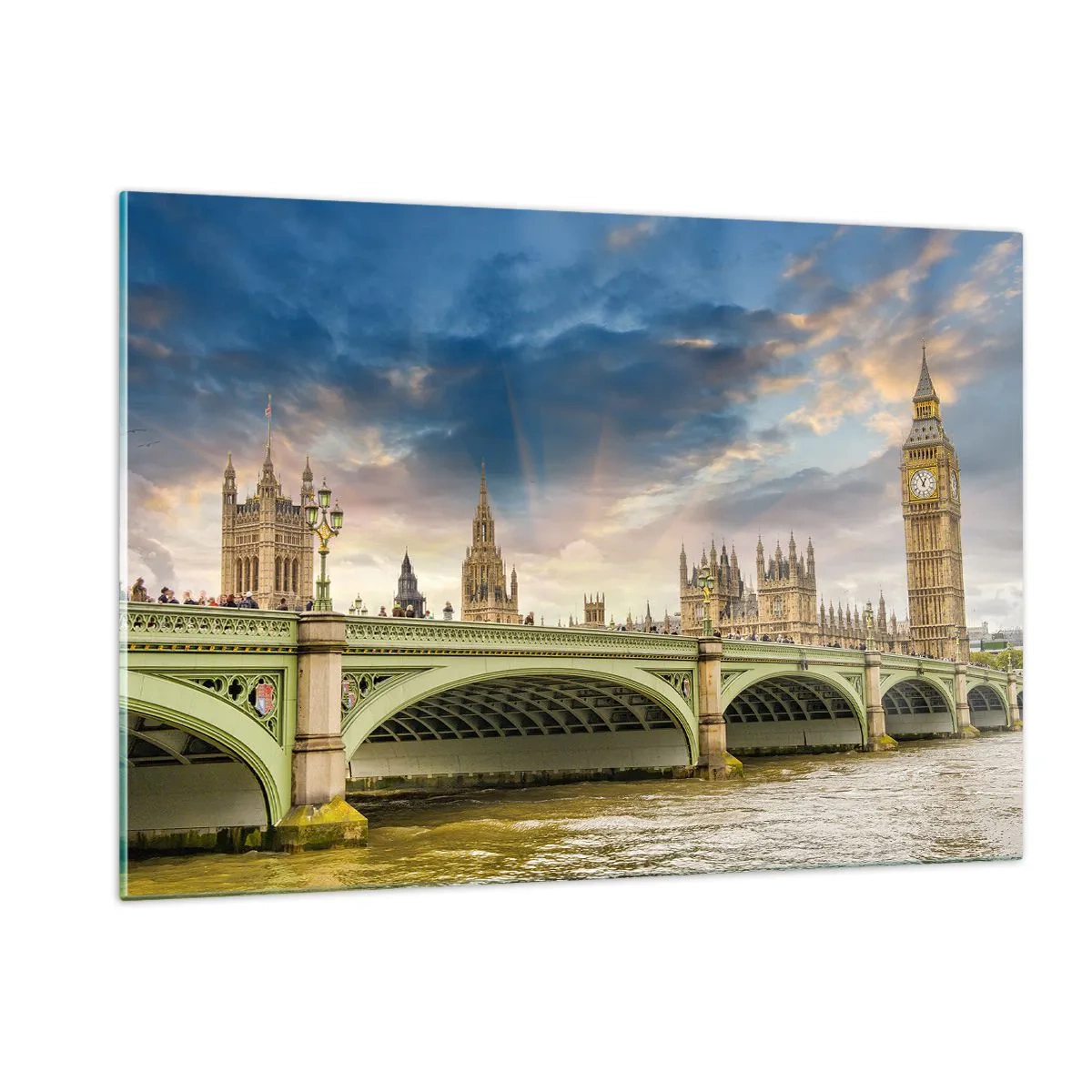 Impression sur verre - Image sur verre - Big Ben et le pont de Westminster au coucher du soleil - 120x80cm - Le temps s'est arrêté dans l'Empire - Décoration murale moderne pour le salon et la chambre ARTTOR