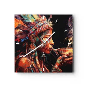 Horloge murale - Pendule murale - Une figure colorée de style ethnique avec une tasse de boisson fumante - 30x30cm - Rituel magique - Décoration murale moderne pour le salon et la chambre ARTTOR