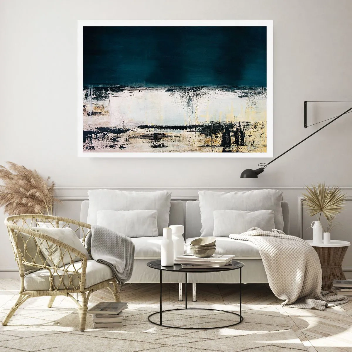 Affiche - Poster - Composition horizontale abstraite dans les tons bleu marine et blanc - 100x70cm - Composition horizontale - Décoration murale moderne pour le salon et la chambre ARTTOR