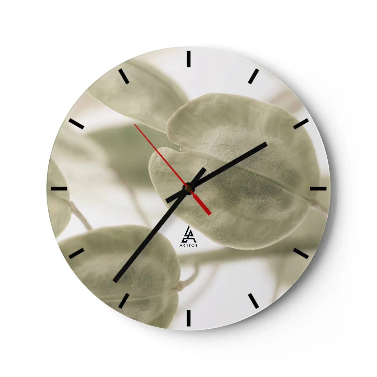 Horloge murale - Pendule murale - Feuilles vert pastel subtiles sur fond clair - 30x30cm - Au commencement il y avait des feuilles... - Décoration murale moderne pour le salon, la cuisine et la chambre ARTTOR