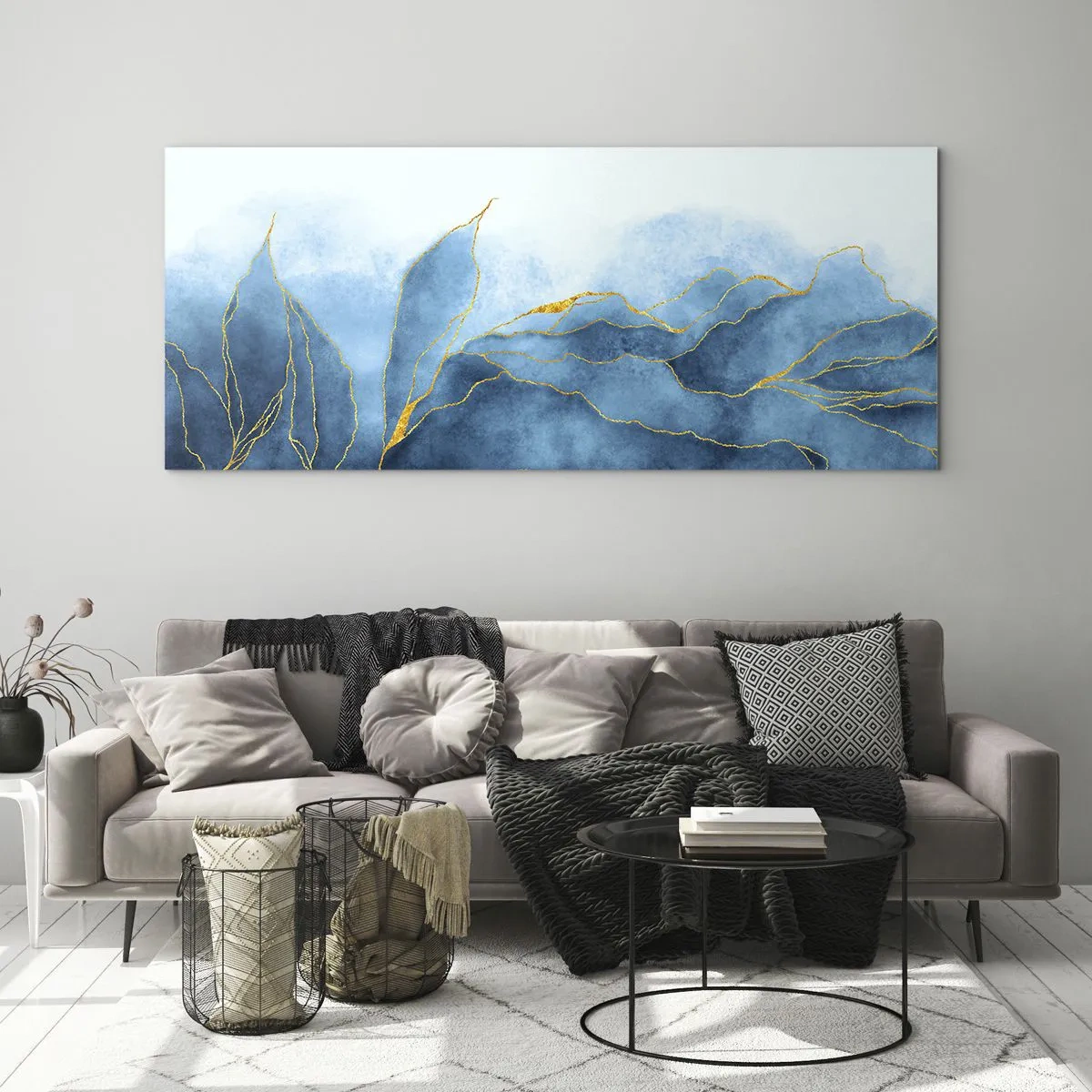Impression sur verre - Image sur verre - Vagues abstraites dans des tons de bleu avec des accents dorés - 140x50cm - Bleu doré - Décoration murale moderne pour le salon et la chambre ARTTOR