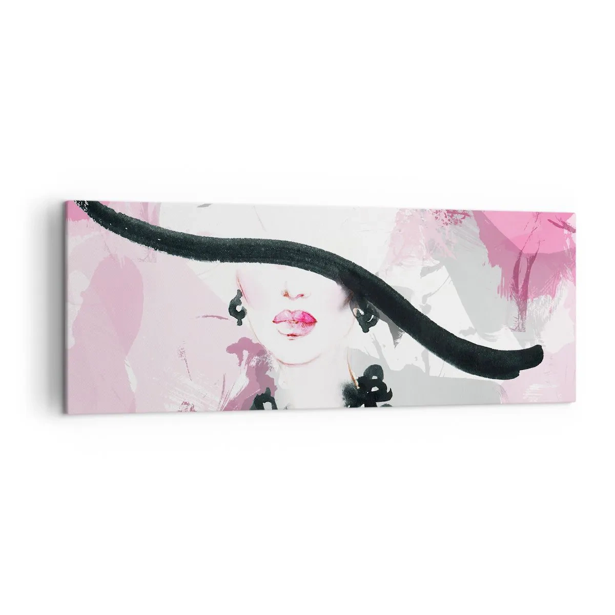 Impression sur toile - Image sur toile - Une femme élégante avec un chapeau sur un fond d'abstractions roses. - 140x50cm - Portrait d'une dame en noir et rose - Décoration murale moderne pour le salon et la chambre ARTTOR