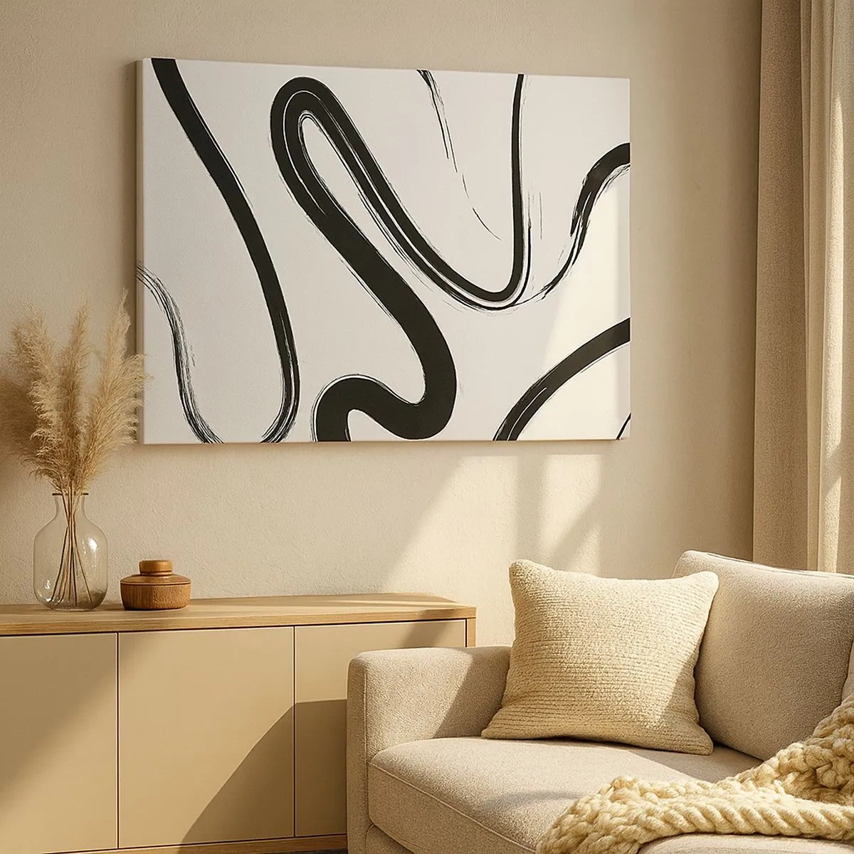 Impression sur toile - Image sur toile - Lignes courbes noires et blanches sur fond clair - 70x50cm - Fantaisie en noir et blanc - Décoration murale moderne pour le salon et la chambre ARTTOR