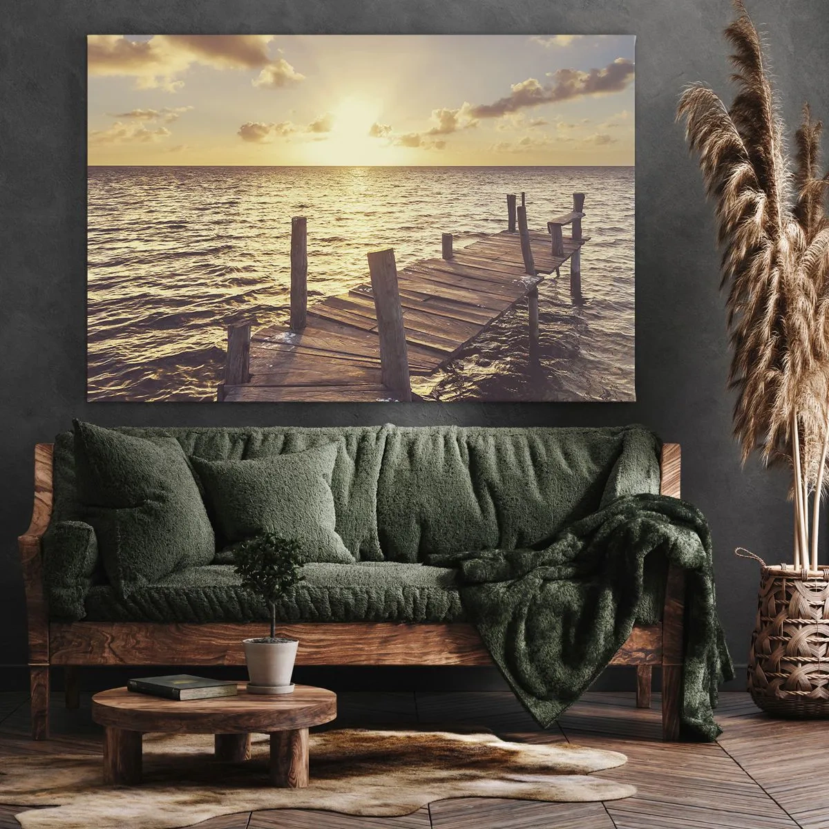 Impression sur toile - Image sur toile - Une jetée en bois menant vers le coucher du soleil - 70x50cm - La terre d'or de la douceur - Décoration murale moderne pour le salon et la chambre ARTTOR