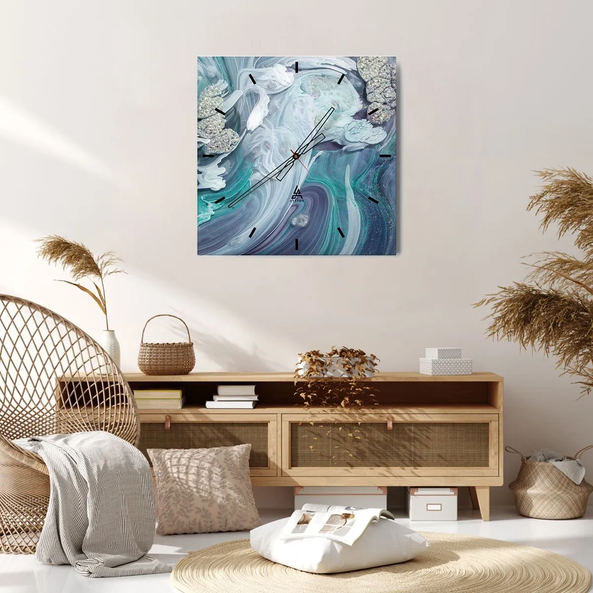 Horloge murale - Pendule murale - Tourbillons abstraits dans des tons de bleu et de blanc - 30x30cm - Courants bleus - Décoration murale moderne pour le salon et la chambre ARTTOR