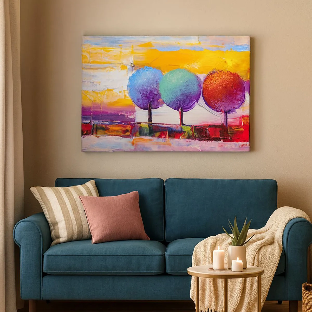 Impression sur toile - Image sur toile - Trois arbres colorés sur un fond abstrait - 70x50cm - Art jusqu'à trois - Décoration murale moderne pour le salon et la chambre ARTTOR