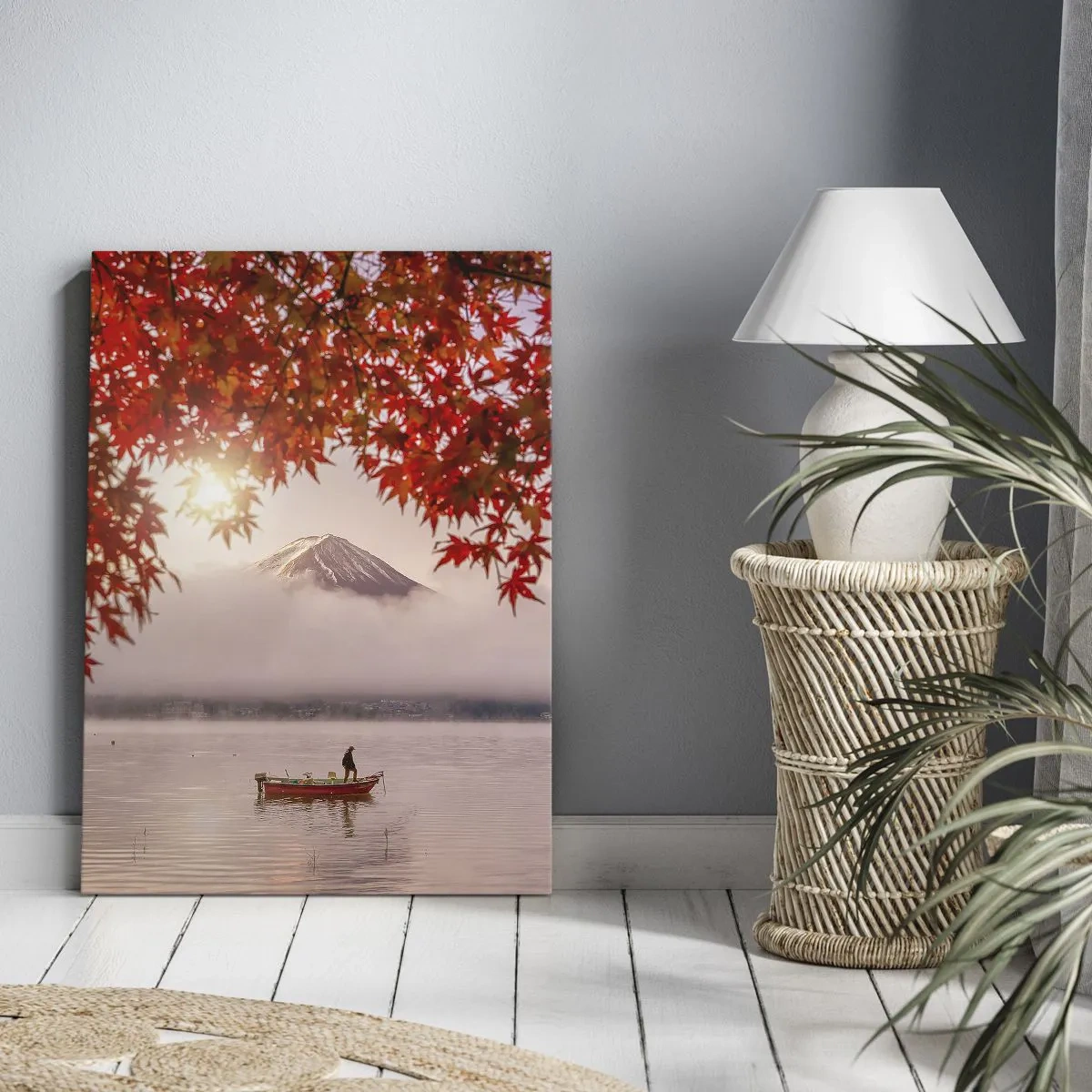 Impression sur toile - Image sur toile - Un bateau sur un lac entouré de feuilles d'érable rouges - 80x120cm - Dans le climat japonais - Décoration murale moderne pour le salon et la chambre ARTTOR