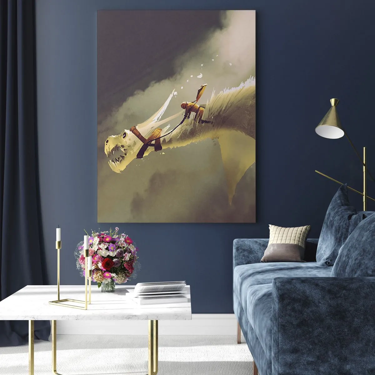 Impression sur verre - Image sur verre - Une silhouette sur le dos d'un dragon blanc dans un paysage brumeux - 50x70cm - Le monde à la rescousse - Décoration murale moderne pour le salon et la chambre ARTTOR