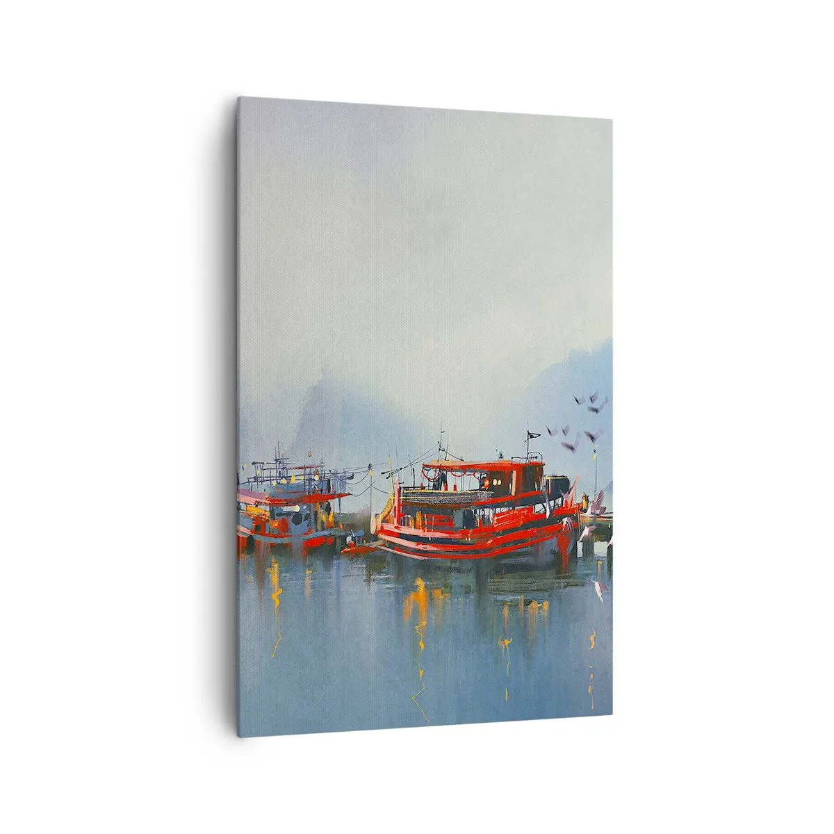 Impression sur toile - Image sur toile - Un port avec des bateaux rouges entouré d'un paysage brumeux - 80x120cm - Na końcu świata - Décoration murale moderne pour le salon et la chambre ARTTOR