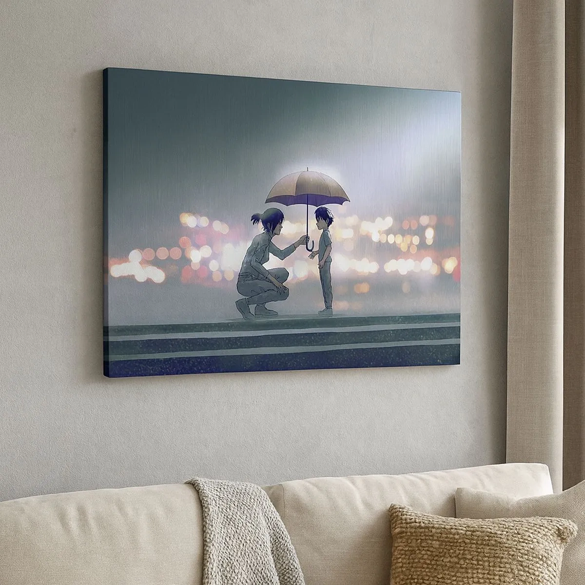 Impression sur toile - Image sur toile - Une silhouette avec un parapluie protégeant un enfant sur fond de lumières nocturnes. - 70x50cm - Et maintenant, tout va bien - Décoration murale moderne pour le salon et la chambre ARTTOR
