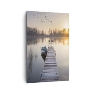 Impression sur toile - Image sur toile - Une jetée au bord du lac le matin avec un bateau et des chaises - 80x120cm - Je reviendrai - Décoration murale moderne pour le salon et la chambre ARTTOR