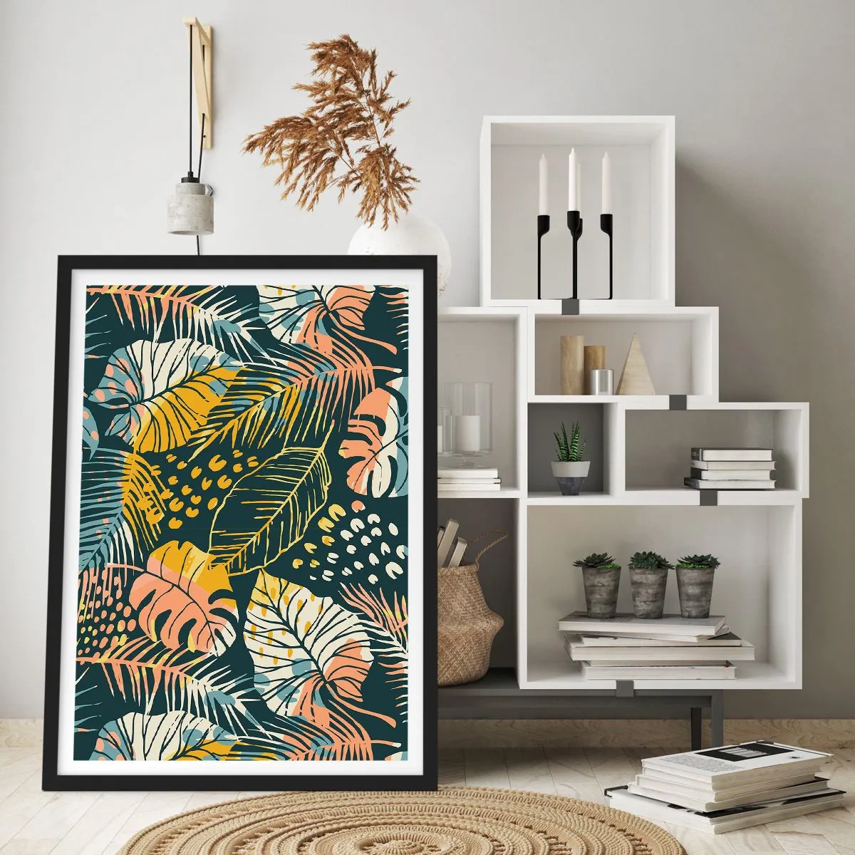 Affiche dans un cadre noir - Poster - Un motif de feuilles tropicales colorées dans des tons de vert, jaune et rose. - 50x70cm - Fantaisie feuillue - Décoration murale moderne pour le salon et la chambre ARTTOR