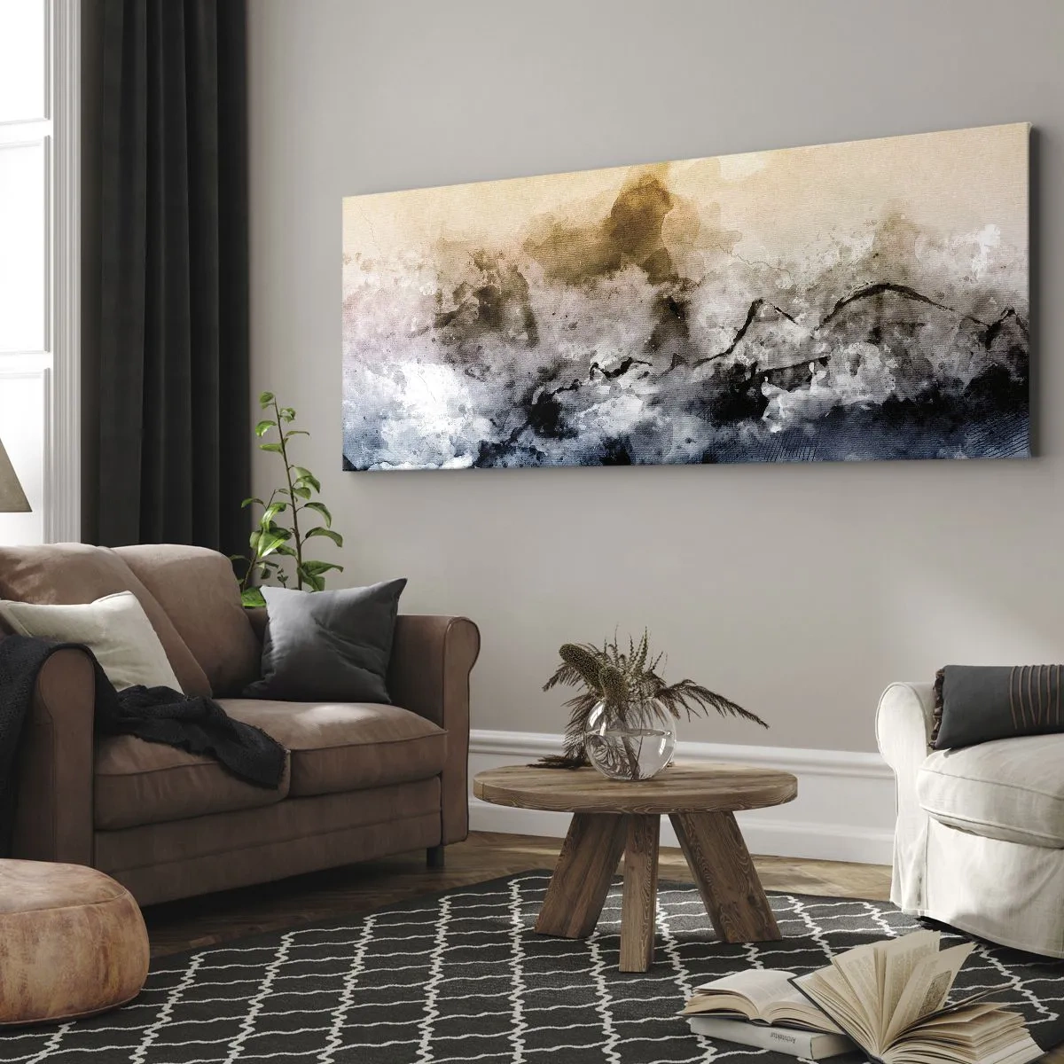 Impression sur toile - Image sur toile - Paysage abstrait avec brouillard et couleurs subtiles - 160x50cm - Noyé dans un nuage de brouillard - Décoration murale moderne pour le salon et la chambre ARTTOR