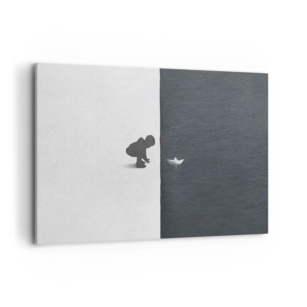 Impression sur toile - Image sur toile - Une figure d'enfant avec un bateau en papier sur un fond de moitiés contrastées - 100x70cm - Grande expédition - Décoration murale moderne pour le salon et la chambre ARTTOR