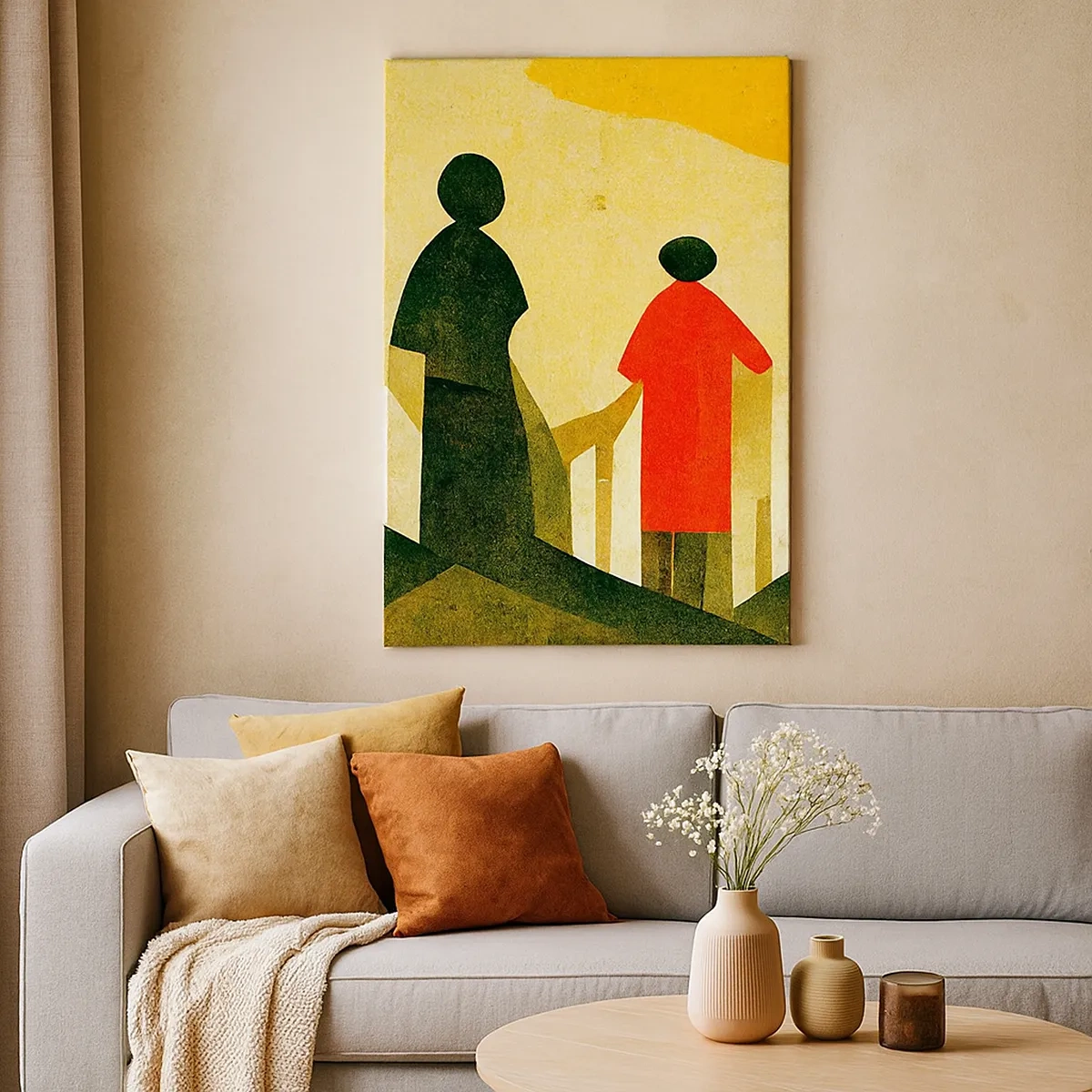 Impression sur toile - Image sur toile - Silhouettes géométriques en rouge et vert sur fond jaune - 50x70cm - La route est encore longue - Décoration murale moderne pour le salon et la chambre ARTTOR