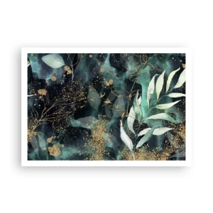 Affiche - Poster - Feuilles élégantes sur un fond sombre avec des accents dorés - 100x70cm - Jardin magique - Décoration murale moderne pour le salon et la chambre ARTTOR