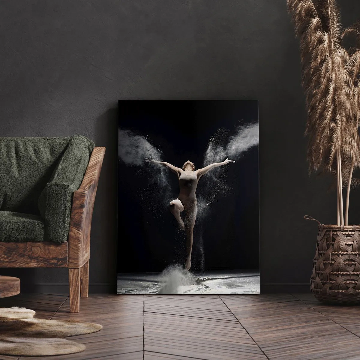 Impression sur toile - Image sur toile - Une danseuse en mouvement avec un effet de poussière saisissant sur fond noir - 50x70cm - Les elfes existent - Décoration murale moderne pour le salon et la chambre ARTTOR