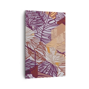 Impression sur toile - Image sur toile - Un motif décoratif de feuilles tropicales dans des tons de violet, d'orange et de beige. - 80x120cm - Relation impossible entre la géométrie et la nature - Décoration murale moderne pour le salon et la chambre ARTT