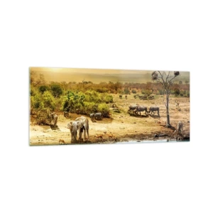 Impression sur verre - Image sur verre - Éléphants et animaux sauvages à un point d'eau au coucher du soleil - 120x50cm - "Et d'Eden coulait une rivière..." - Décoration murale moderne pour le salon et la chambre ARTTOR