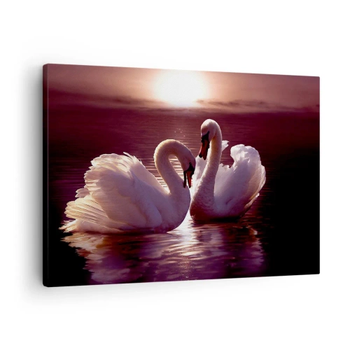 Impression sur toile - Image sur toile - Deux cygnes sur un lac calme au coucher du soleil - 70x50cm - Jusqu'à ce que la mort nous sépare - Décoration murale moderne pour le salon et la chambre ARTTOR
