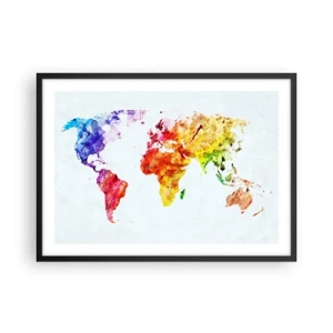 Affiche dans un cadre noir - Poster - Carte du monde colorée à l'aquarelle - 70x50cm - Toutes les couleurs du monde - Décoration murale moderne pour le salon et la chambre ARTTOR