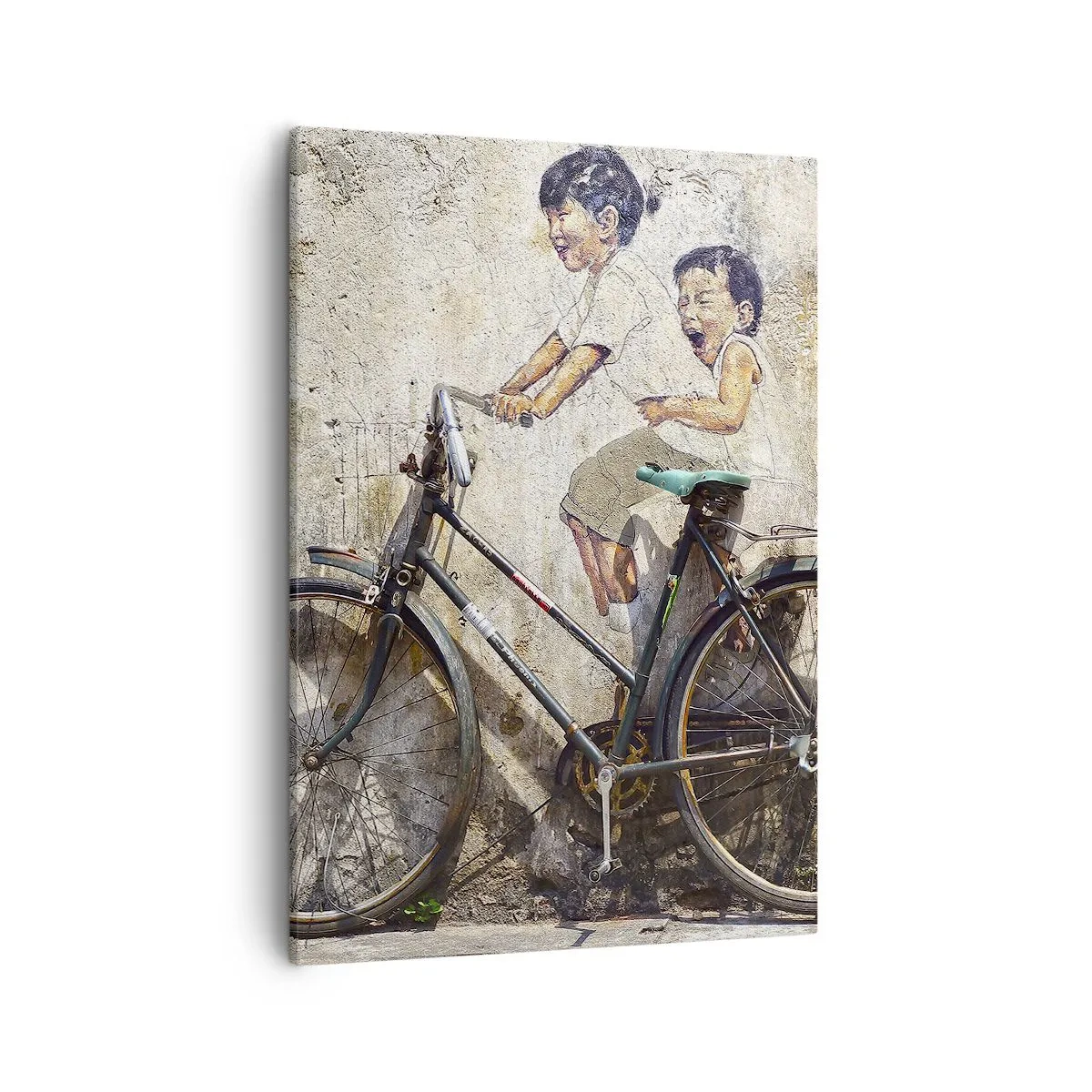 Impression sur toile - Image sur toile - Street art avec un vélo et des dessins d'enfants sur le mur - 50x70cm - Vrai ou faux? - Décoration murale moderne pour le salon et la chambre ARTTOR