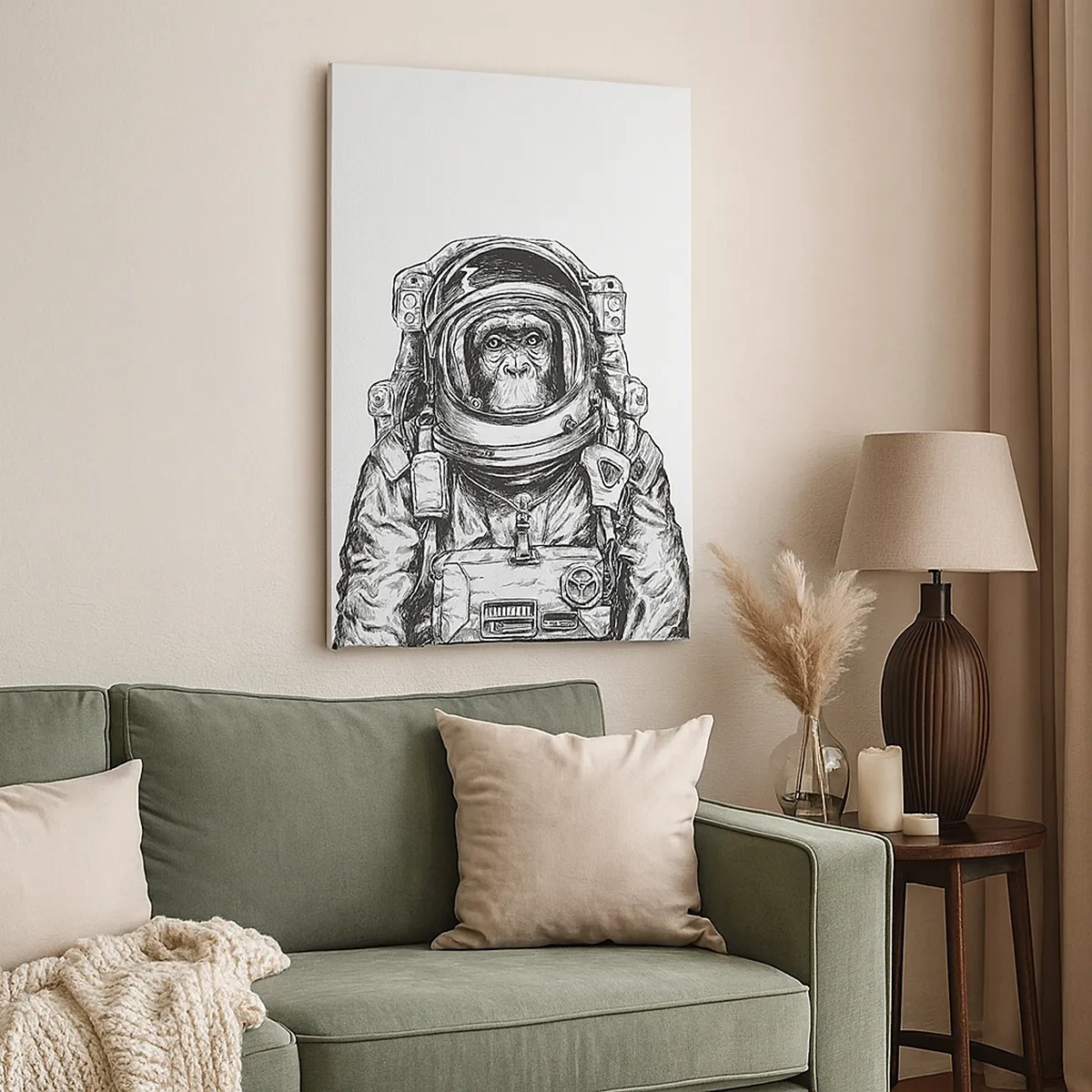 Impression sur toile - Image sur toile - Graphique d'un astronaute en combinaison spatiale avec une tête de singe - 50x70cm - Évolution alternative - Décoration murale moderne pour le salon et la chambre ARTTOR