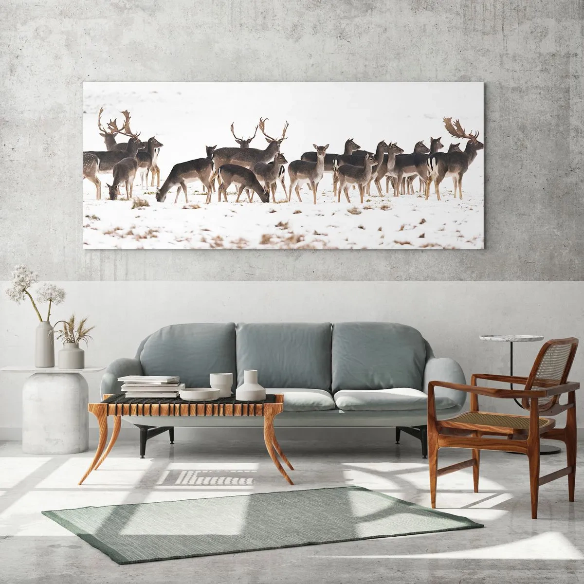 Impression sur verre - Image sur verre - Un troupeau de cerfs sur fond de neige - 120x50cm - Les fêtes approchent ? - Décoration murale moderne pour le salon et la chambre ARTTOR