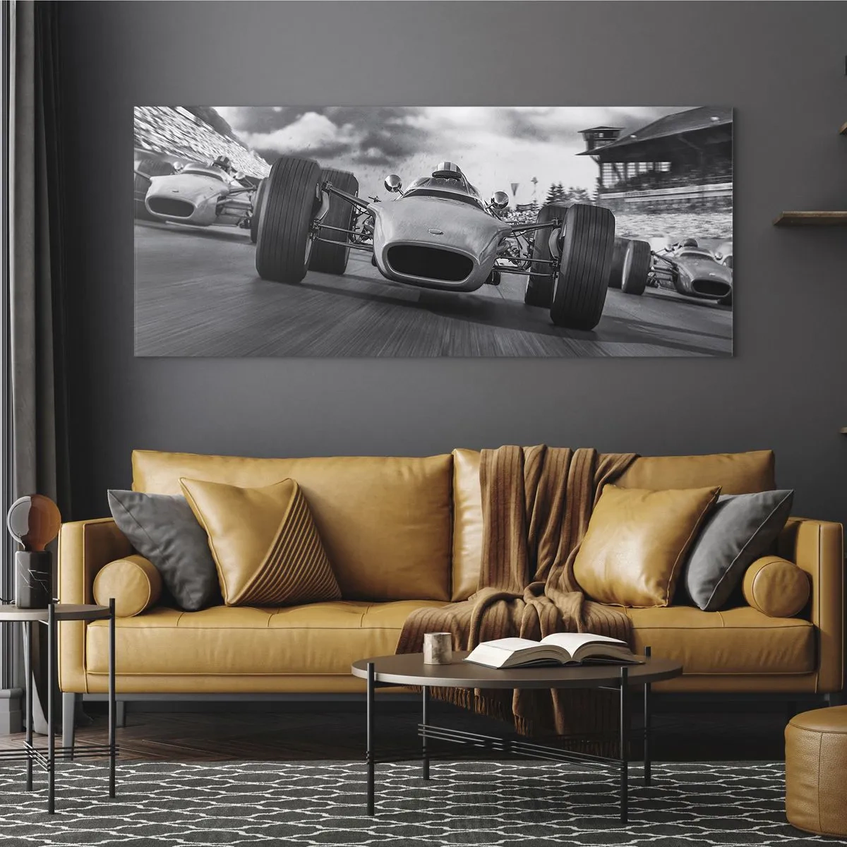 Impression sur verre - Image sur verre - Course de voitures classiques en mouvement - 160x50cm - Puissance! - Décoration murale moderne pour le salon et la chambre ARTTOR