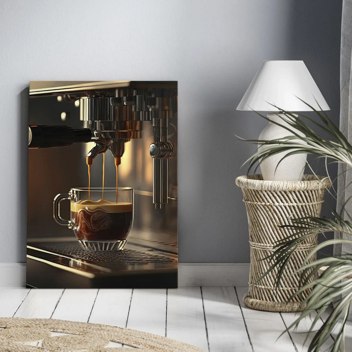 Impression sur toile - Image sur toile - Machine à café avec une tasse d'espresso aromatique - 80x120cm - Un mélange sensuel - Décoration murale moderne pour le salon et la chambre ARTTOR