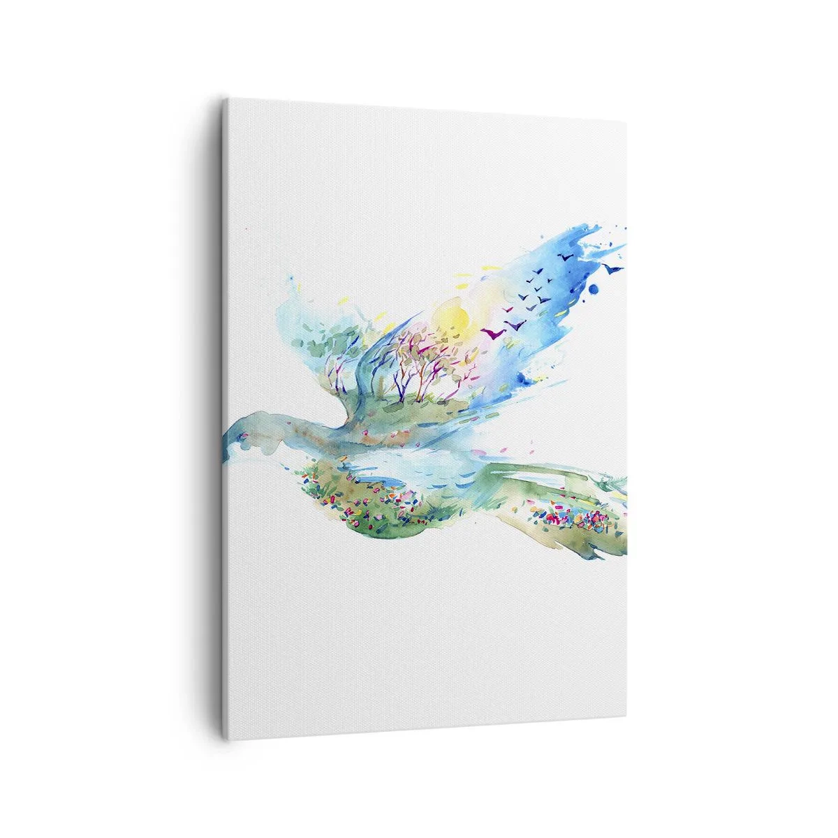 Impression sur toile - Image sur toile - Composition à l'aquarelle d'un oiseau avec des éléments de la nature - 50x70cm - Sur les ailes de la nature - Décoration murale moderne pour le salon et la chambre ARTTOR